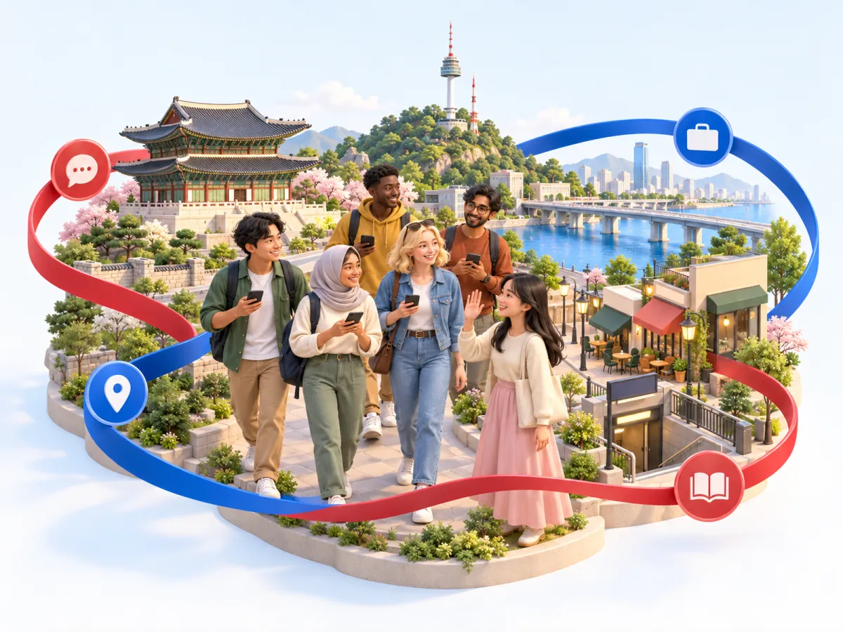 Friends from many countries smiling at their phones in a miniature Seoul with a palace, Namsan Tower and the Han River, wrapped by a red and blue ribbon